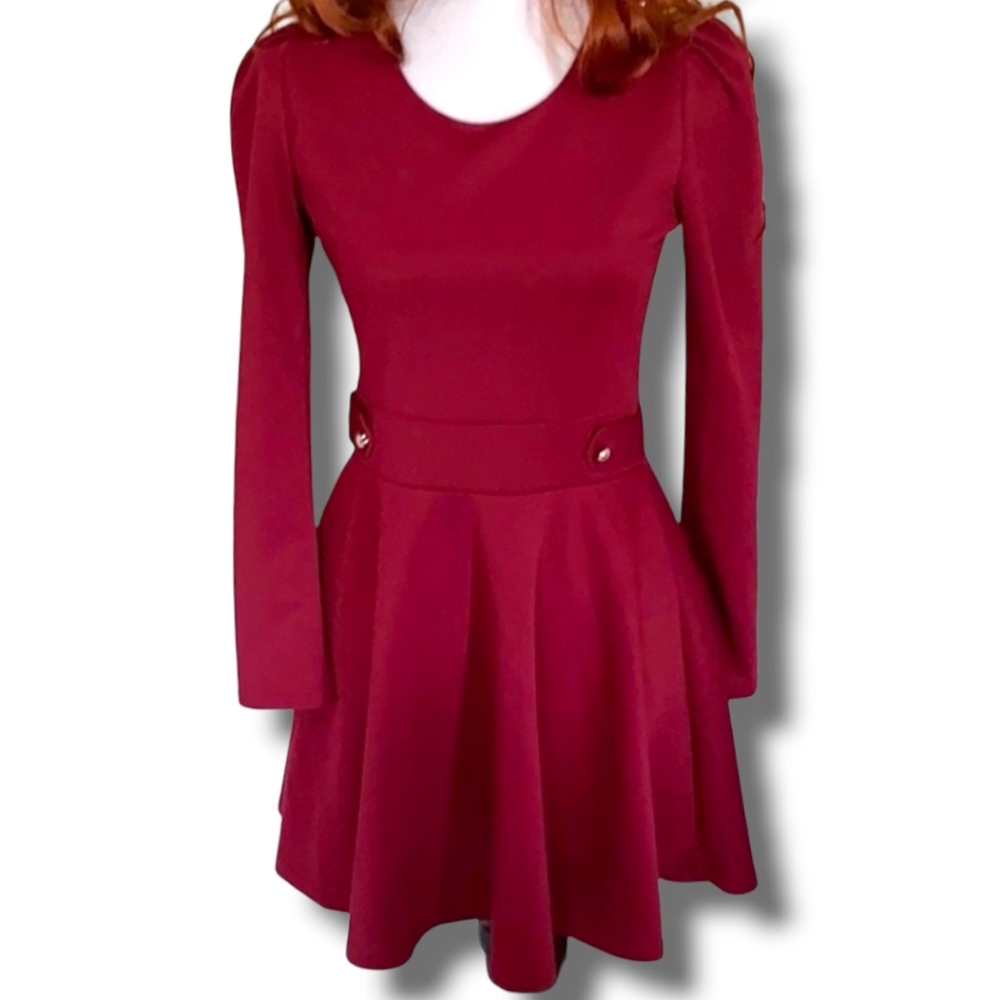 knit Red fit and flare long sleeve a line skater mini party dress pp16 w15 L32